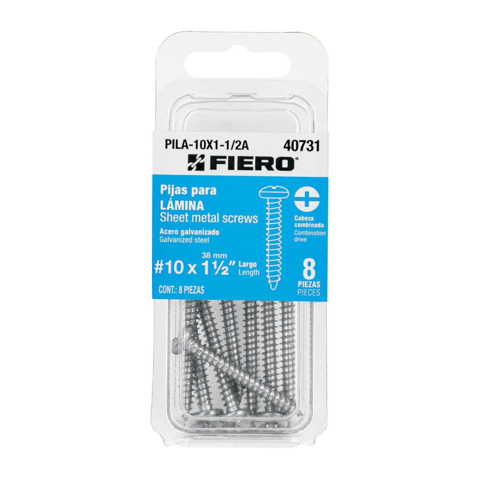 Blíster con 8 pijas para lámina, #10 x 1-1/2', Fiero Caja con 12, 40731