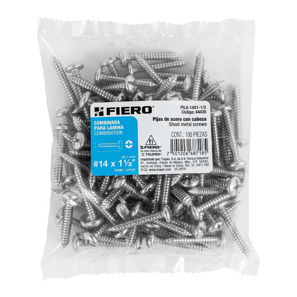 Bolsa con 100 pijas para lámina, #14 x 1-1/2', Fiero Caja con 6, 44435