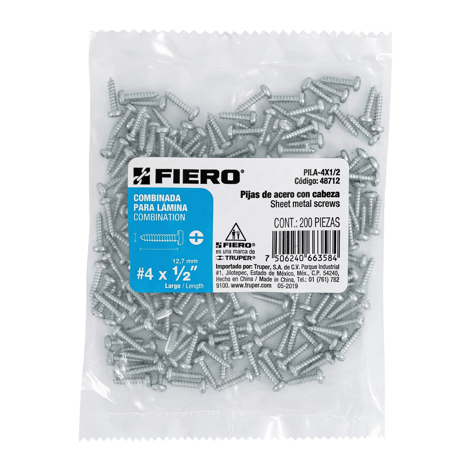 Bolsa con 200 pijas para lámina, #4 x 1/2', Fiero Caja con 6, 48712