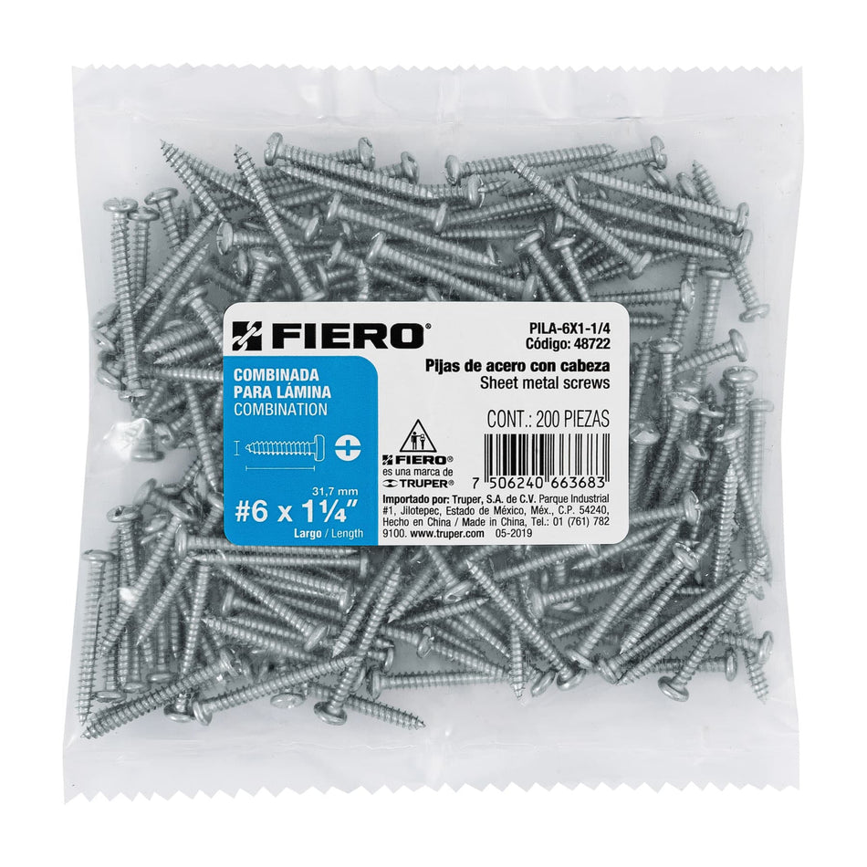 Bolsa con 200 pijas para lámina, #6 x 1-1/4', Fiero Caja con 6, 48722
