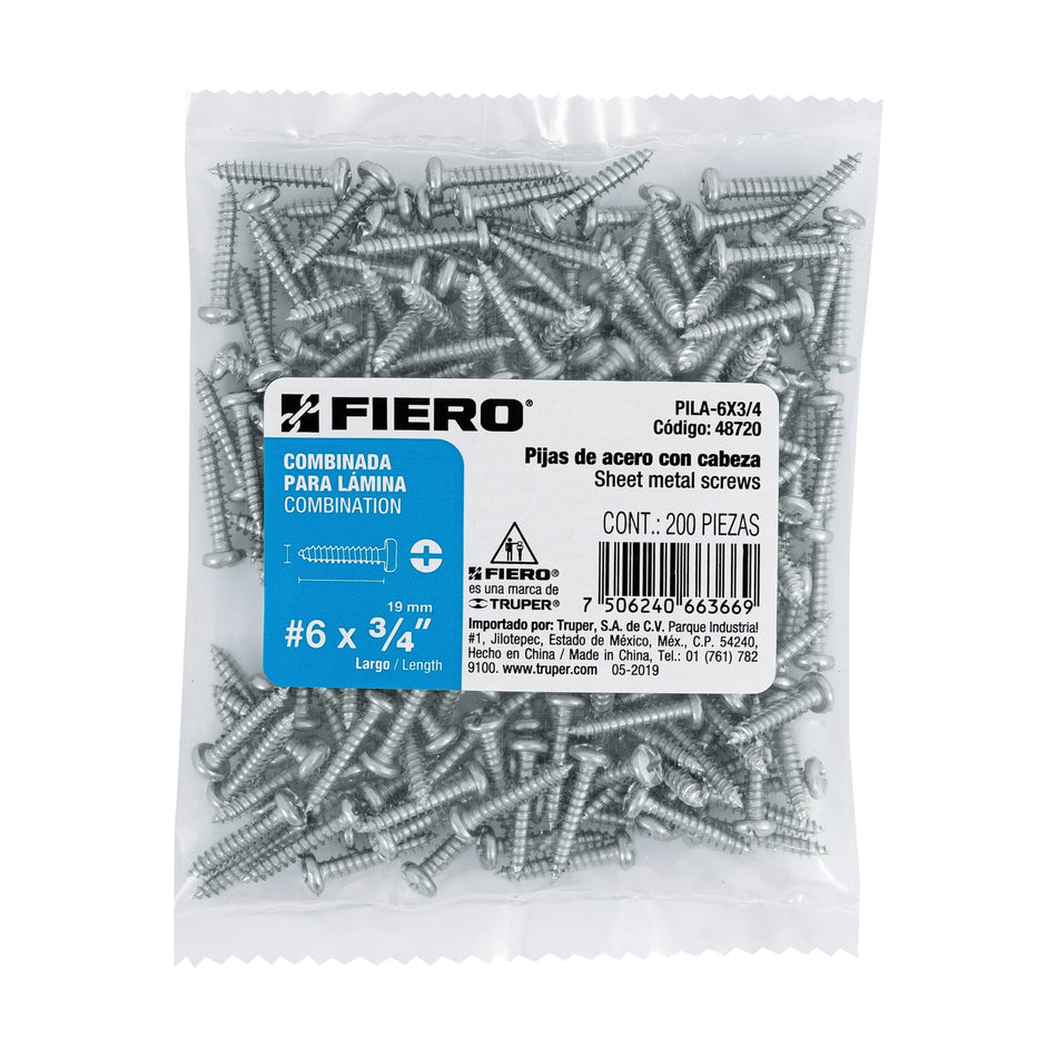 Bolsa con 200 pijas para lámina, #6 x 3/4', Fiero Caja con 6, 48720