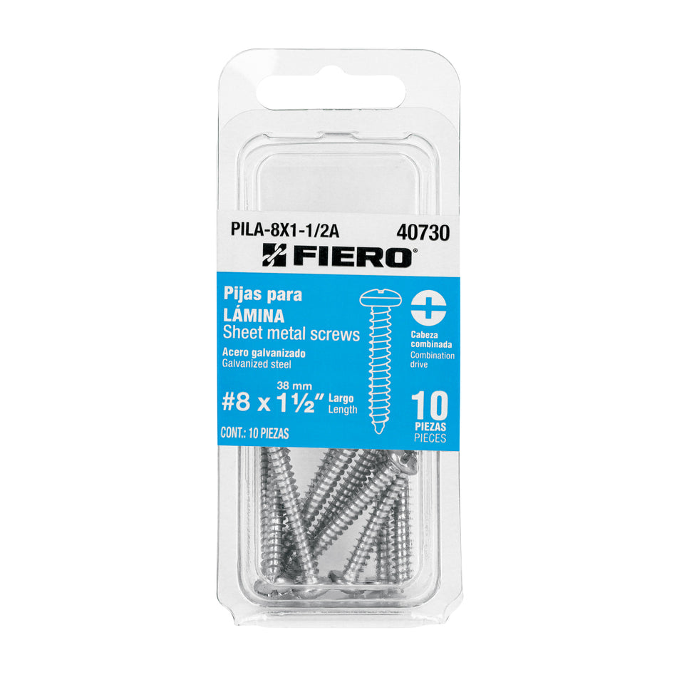 Blíster con 10 pijas para lámina, #8 x 1-1/2', Fiero Caja con 12, 40730