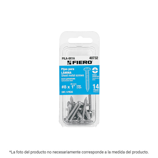 Blíster con 8 pijas para lámina, #8 x 2', FIERO Caja con 12, 40783