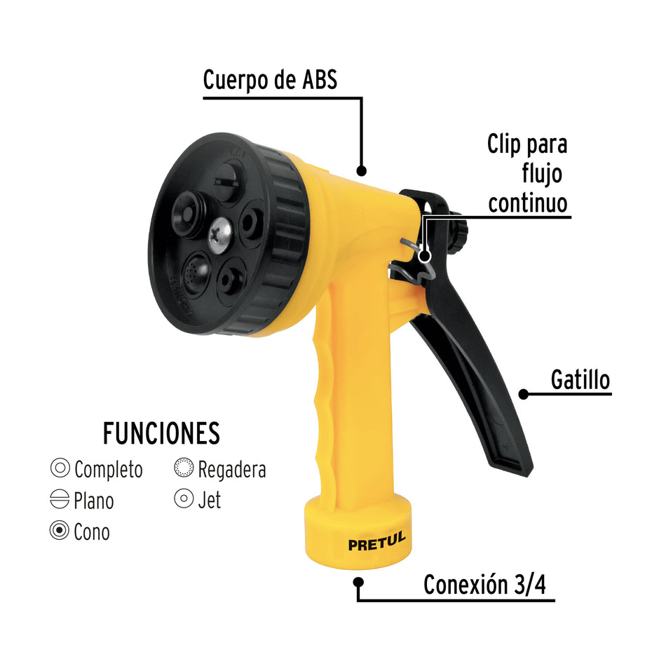Pistola para riego de 5 funciones plástica, Pretul Caja con 6, 22765
