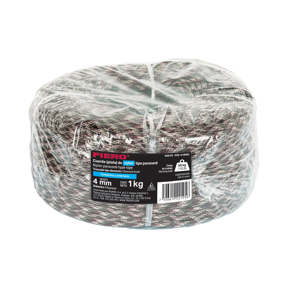 Piola de nylon paracord de 4mm, rollo, camo, 1kg, FIERO, 45579