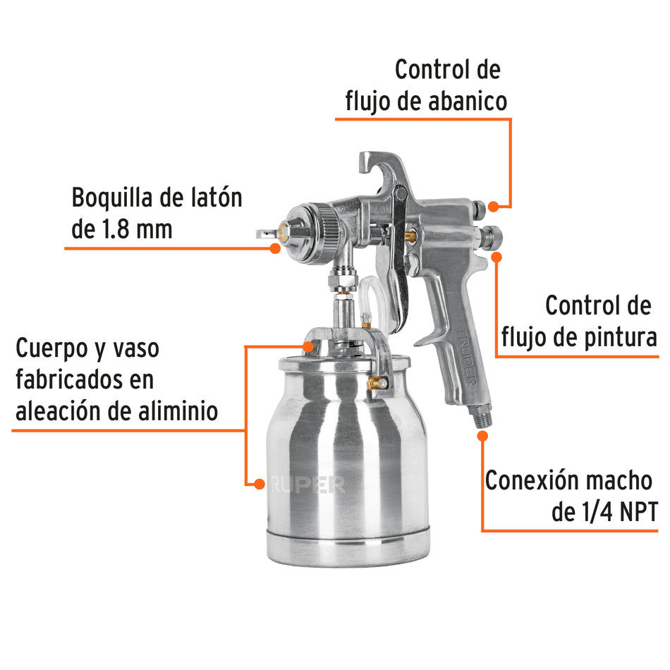 Pistola p/pintar succión HVHP vaso alum, 1.8mm, 2 vál Truper, 14087