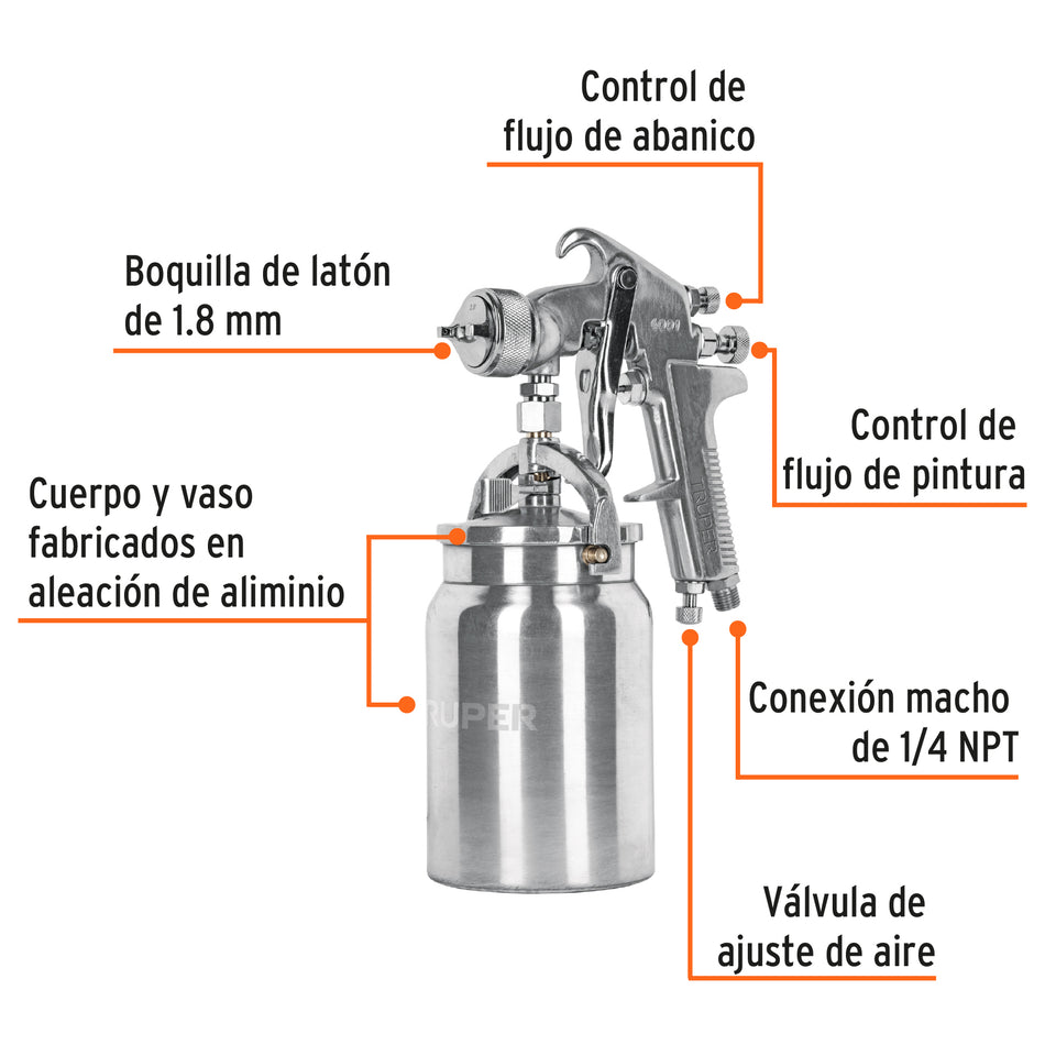 Pistola p/pintar succión HVHP vaso alum, 1.8mm, 3 vál Truper, 14085