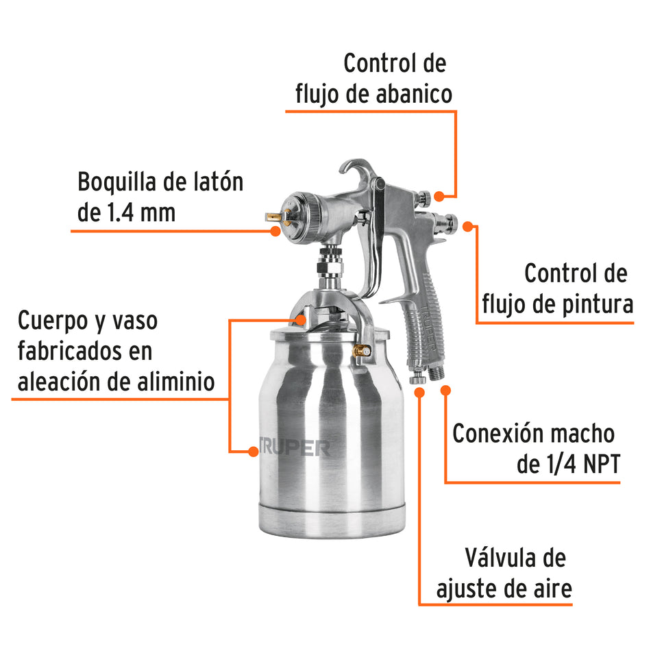 Pistola p/pintar succión HVLP vaso aluminio, 1.4 mm, Truper, 14084