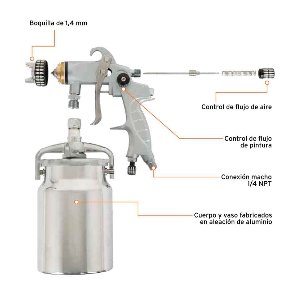 Pistola p/pintar succión HVLP vaso aluminio, 1.4 mm, Expert, 14030