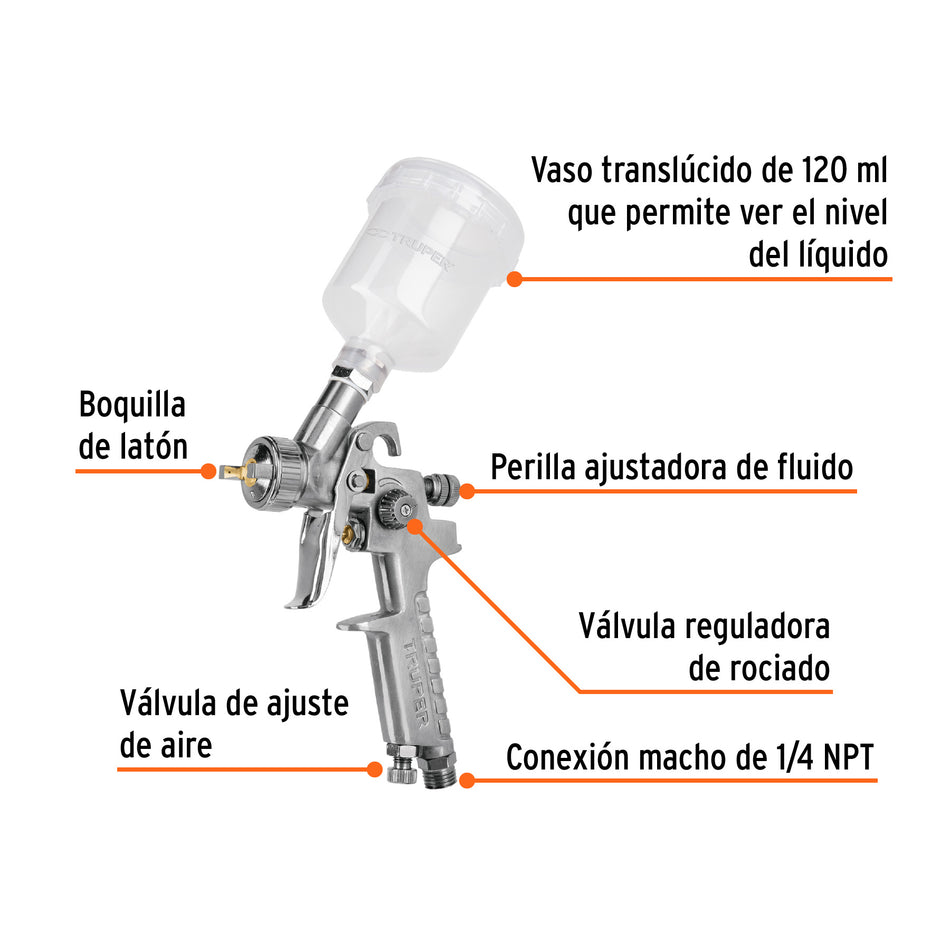 Pistola p/retoque gravedad HVLP vaso plástico, 1 mm, Truper Caja con 2, 11097