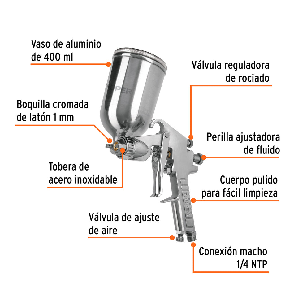 Pistola p/pintar gravedad LVMP vaso aluminio, 1 mm, Truper Caja con 2, 11989
