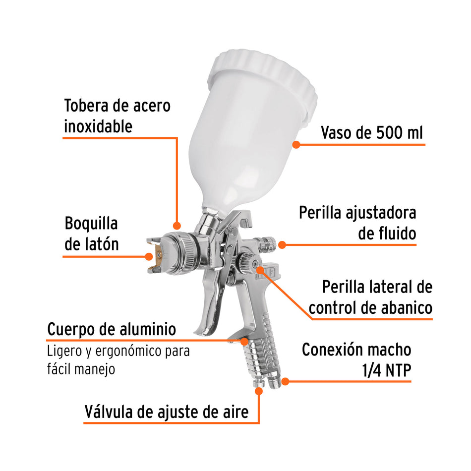 Pistola p/pintar gravedad HVLP vaso plástico, 1.4 mm, Truper, 12128