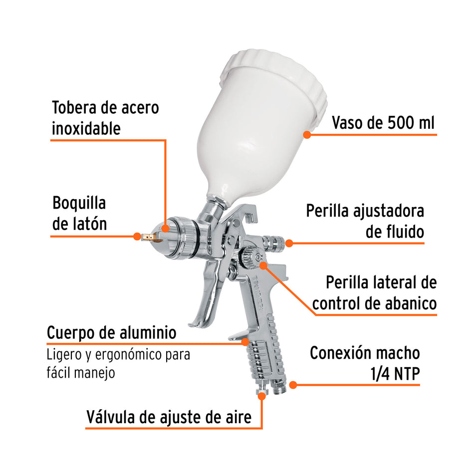 Pistola p/pintar gravedad HVLP vaso plástico, 1.7 mm, Truper, 12129