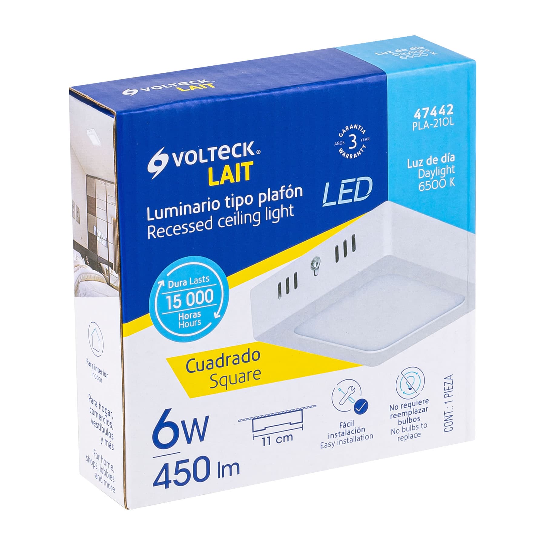 Luminario LED tipo plafón 6 W, cuadrado, luz de día, blanco, 47442