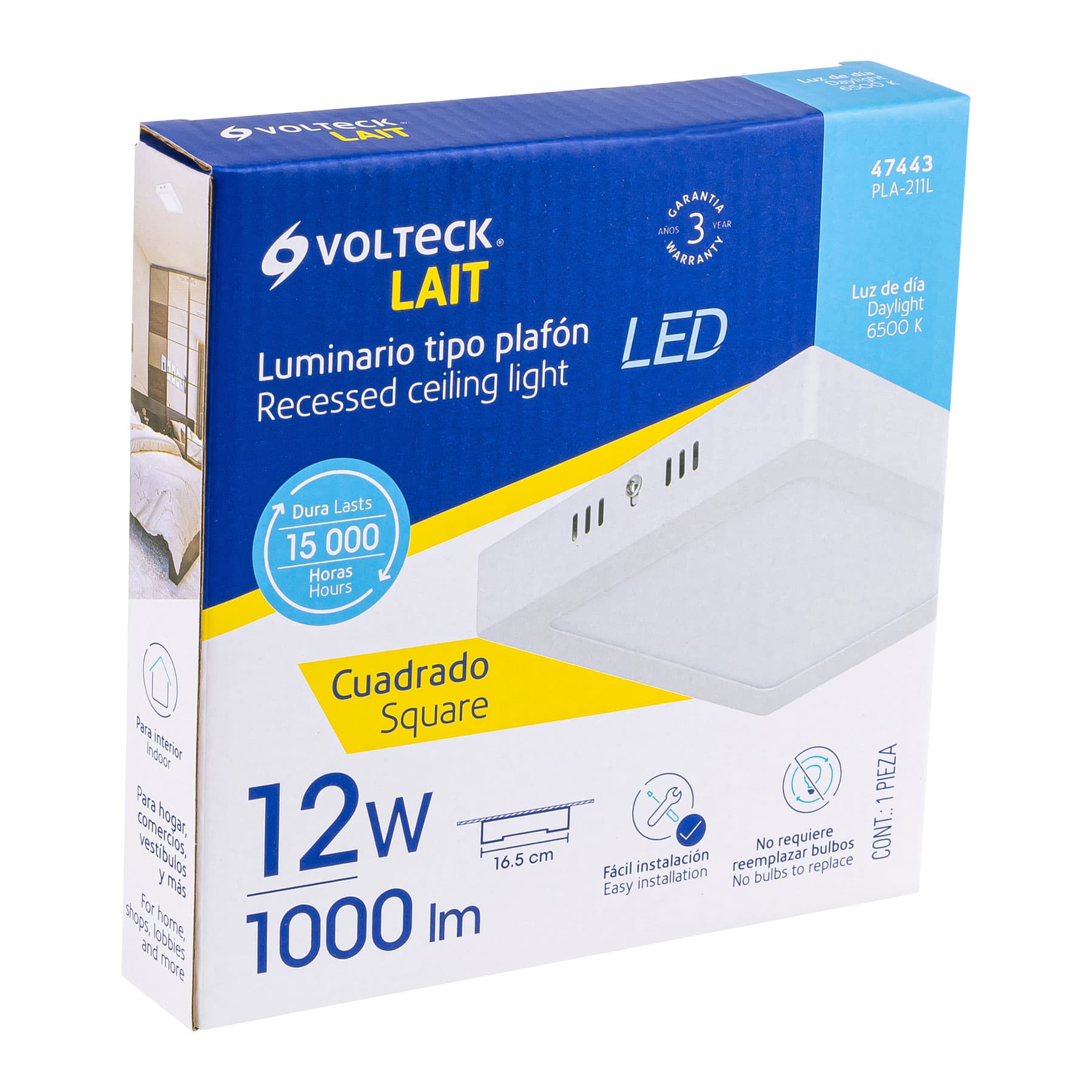 Luminario LED tipo plafón 12 W, cuadrado, luz de día, blanco, 47443