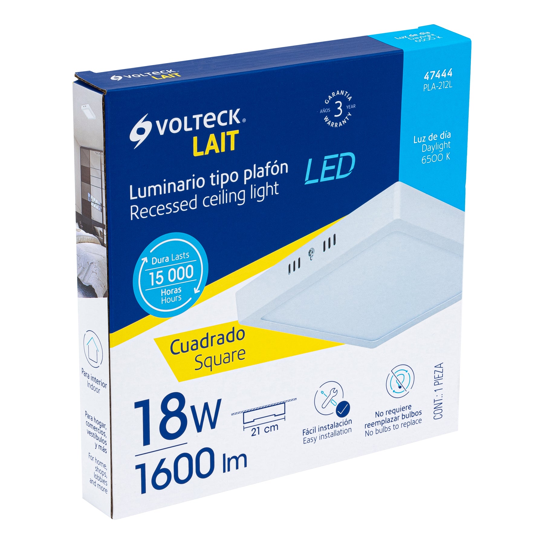 Luminario LED tipo plafón 18 W, cuadrado, luz de día, blanco, 47444