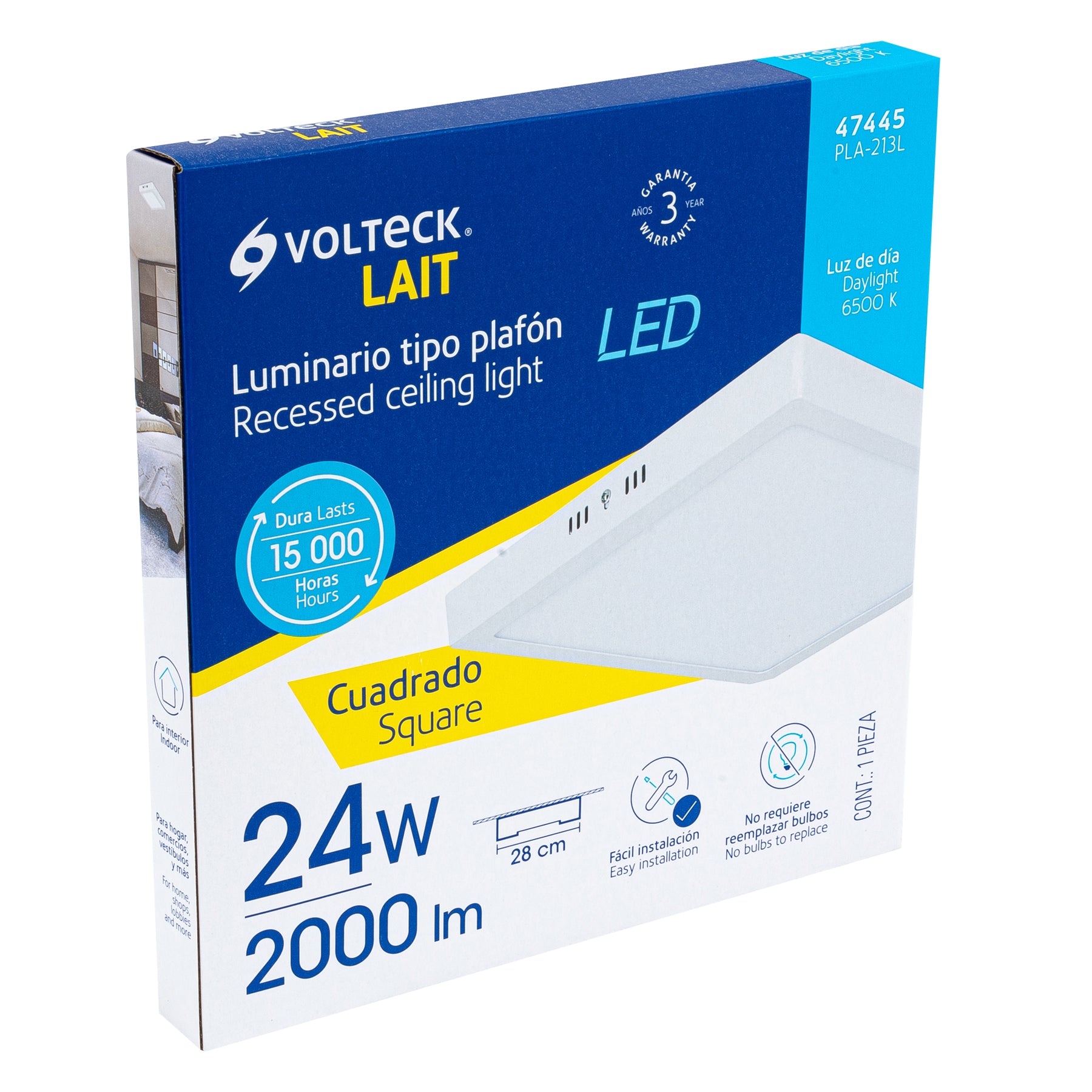 Luminario LED tipo plafón 24 W, cuadrado, luz de día, blanco, 47445