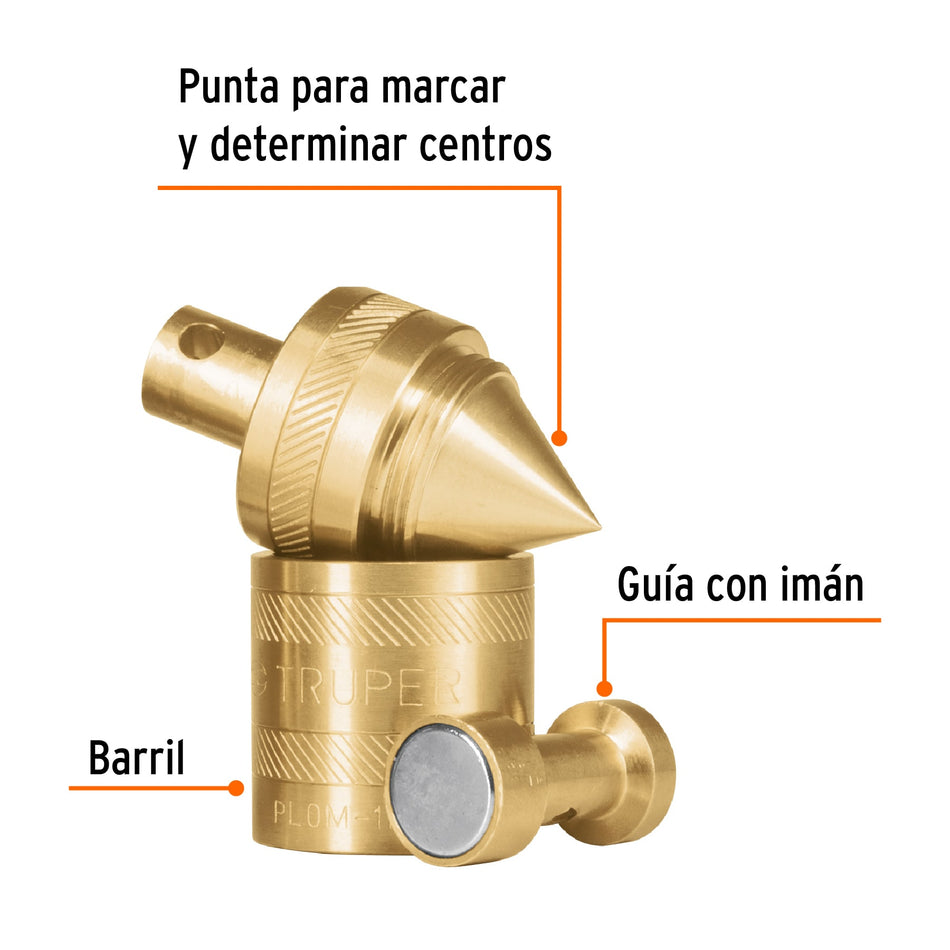 Plomada de latón 12 oz con centro y guía magnética, Truper Caja con 6, 17067