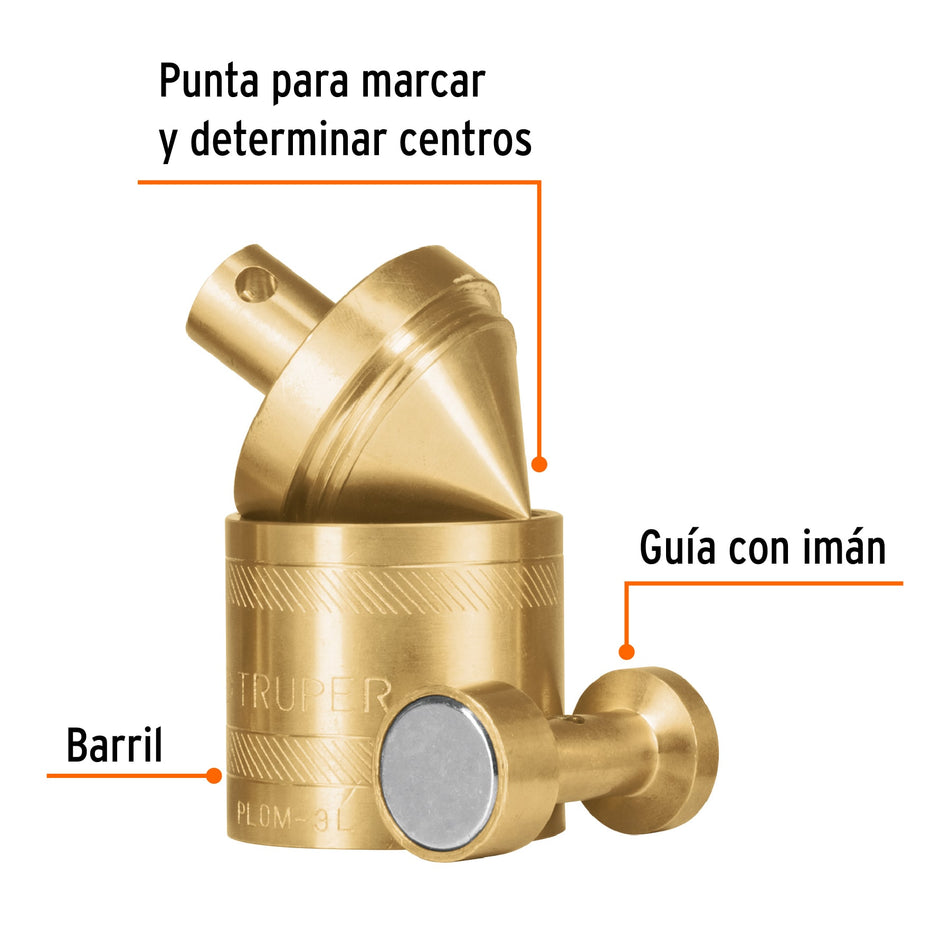 Plomada de latón 16 oz con centro y guía magnética, Truper Caja con 6, 17068