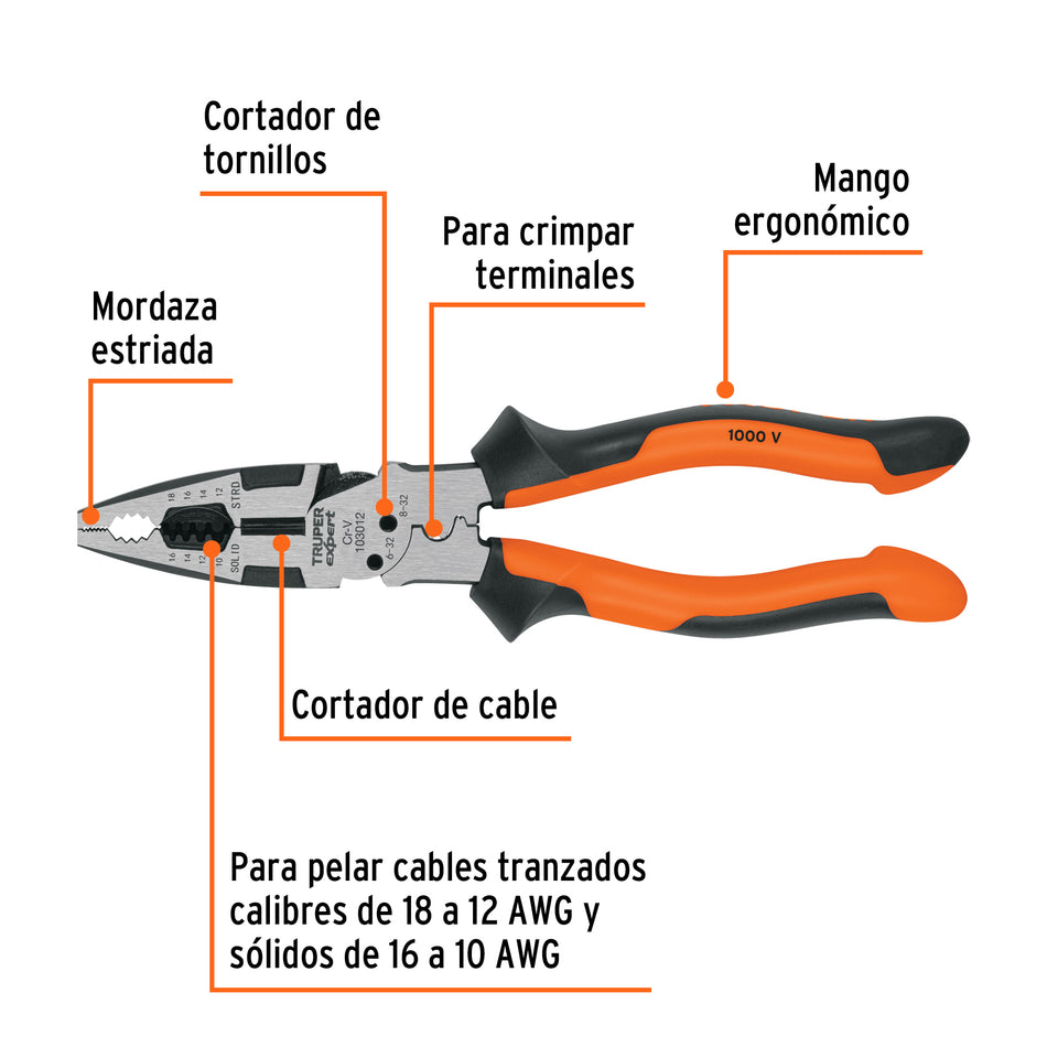 Pinza multiuso 8' electricista, comfort grip, Truper Expert Caja con 3, 103012