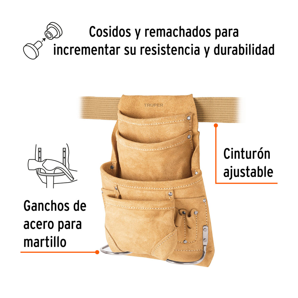 Porta herramientas de carnaza con 12 compartimentos, Truper Caja con 3, 11536