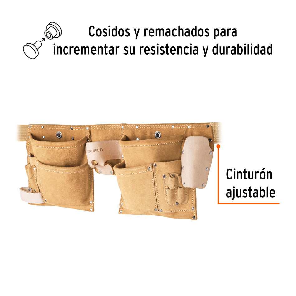 Porta herramientas de carnaza con 13 compartimentos, Truper Caja con 2, 11537