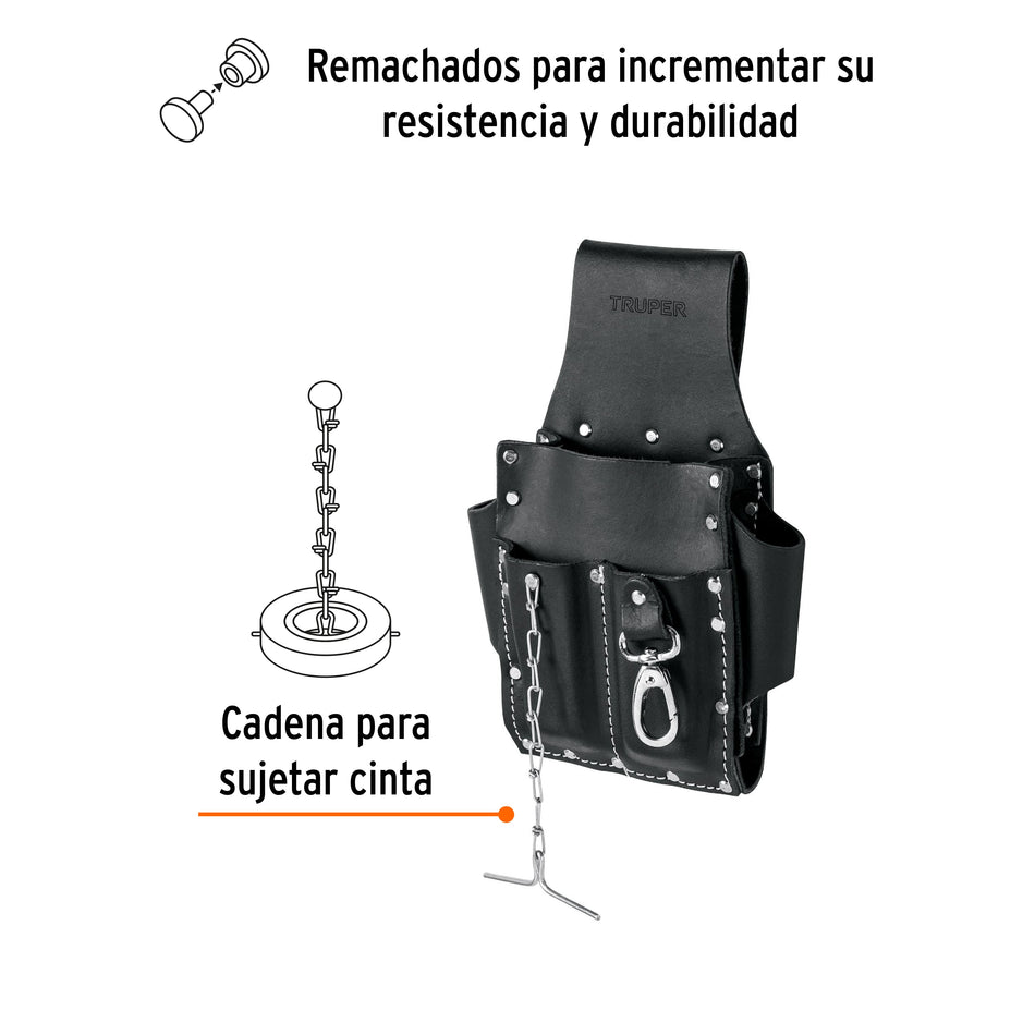 Porta herramientas grande de cuero, 7 compartimentos, Truper Caja con 4, 102007