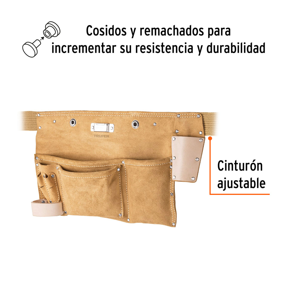 Porta herramientas de carnaza con 9 compartimentos, Truper Caja con 4, 11534