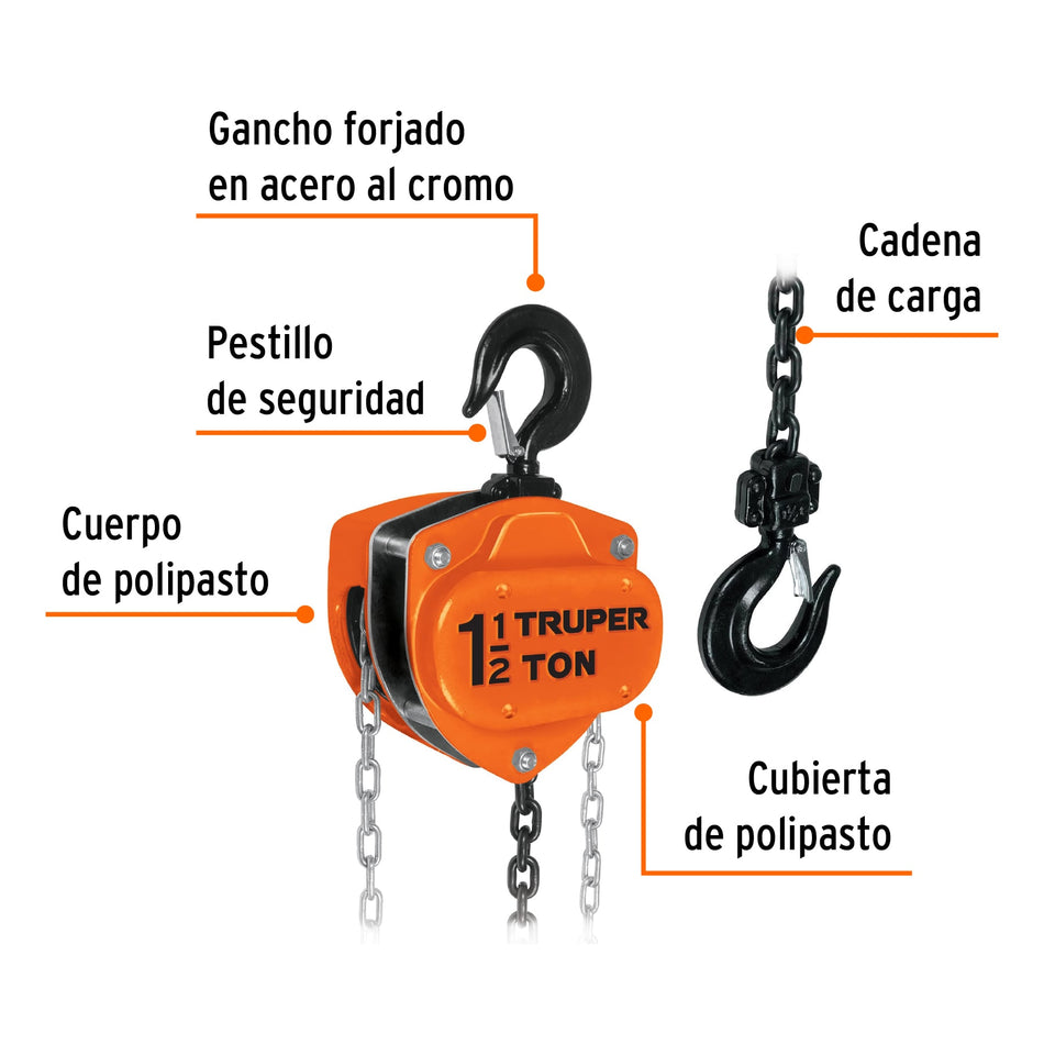Polipasto de cadena de 1-1/2 ton, Truper, 16825