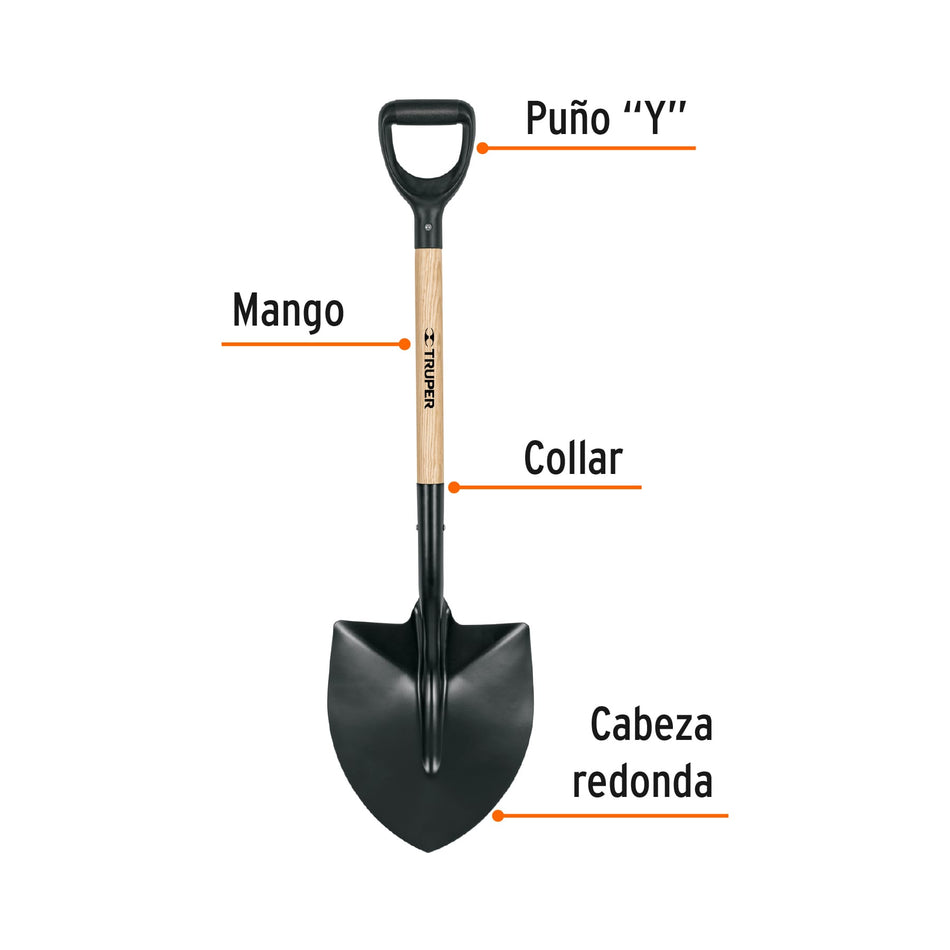 Pala redonda T-1000 tipo español, puño 'Y', Truper Caja con 3, 102206