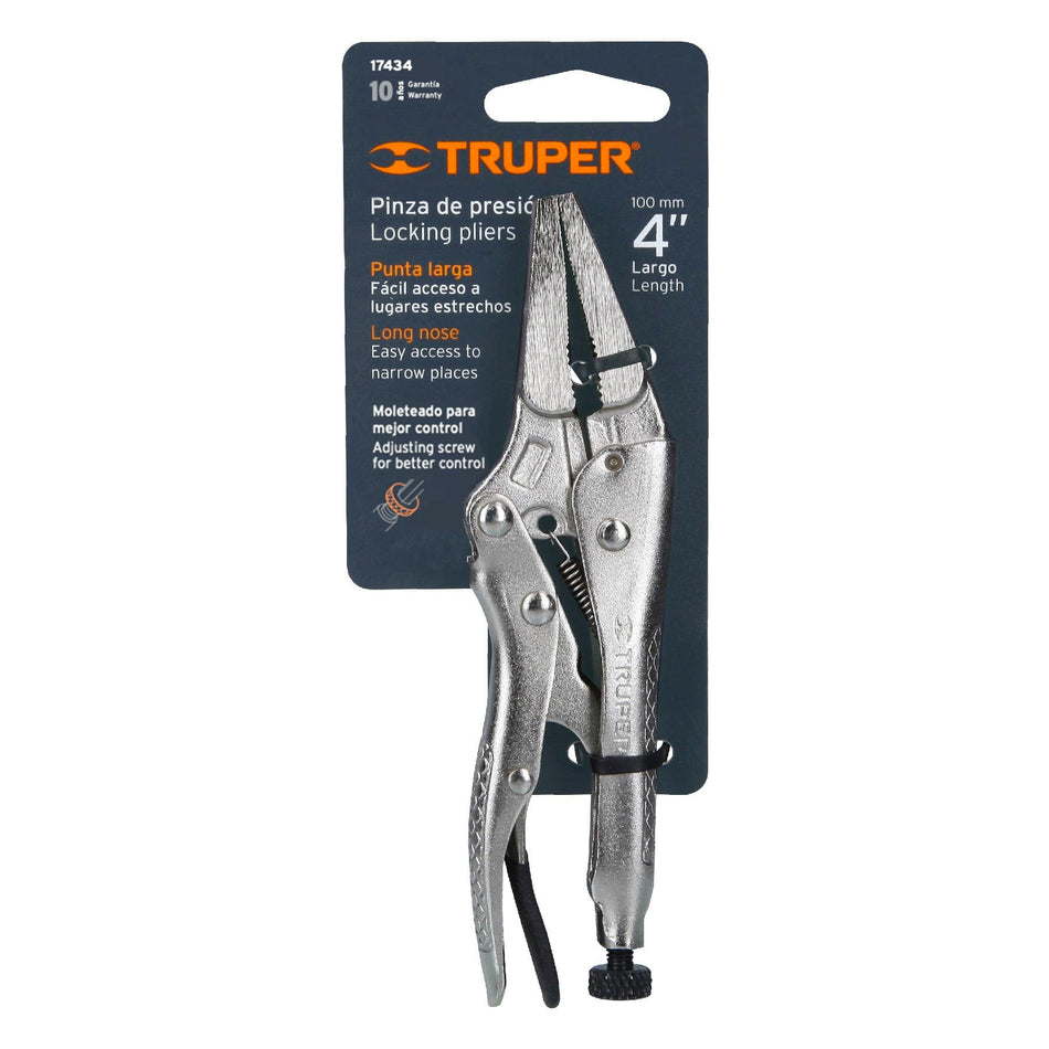 Pinza de presión 4', punta larga, Truper Caja con 3, 17434