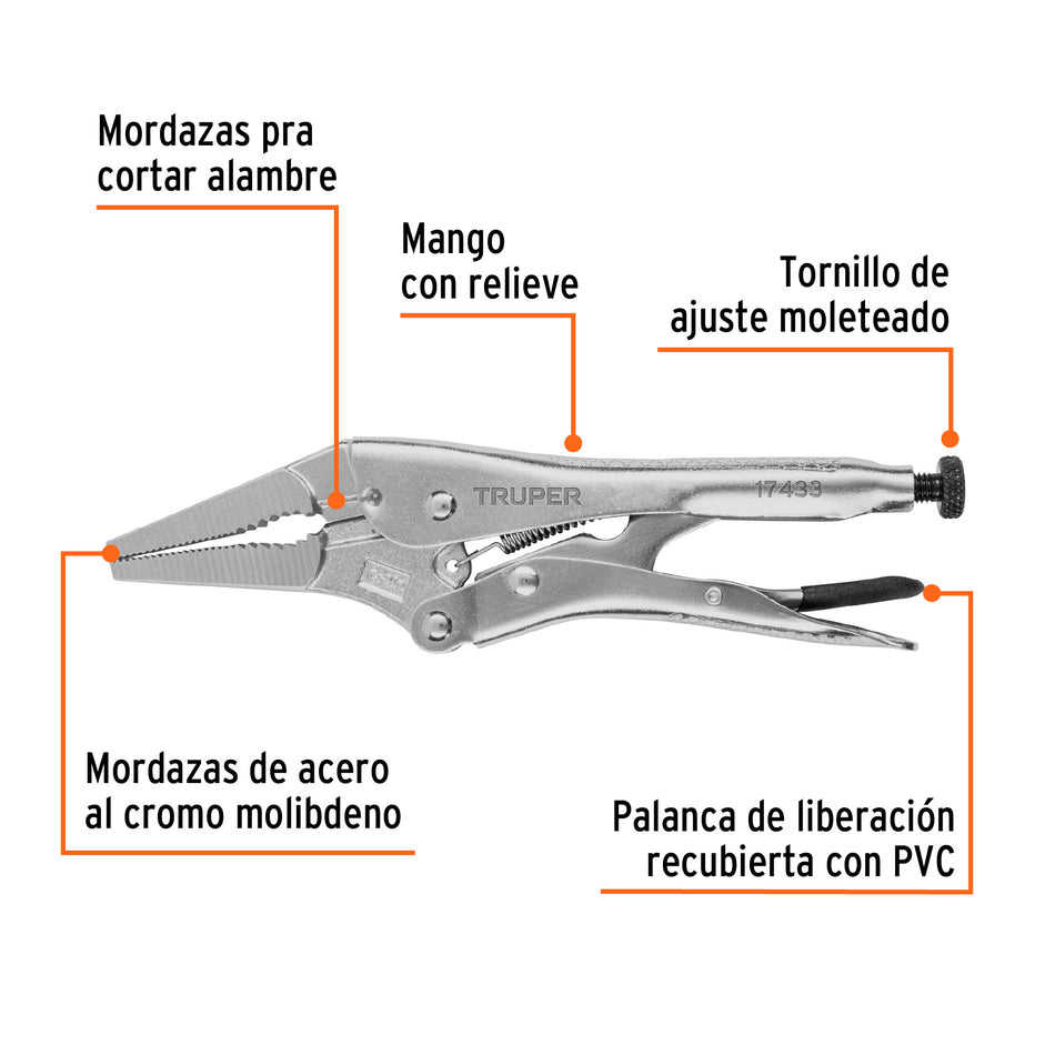 Pinza de presión 9', punta larga, Truper Caja con 3, 17433