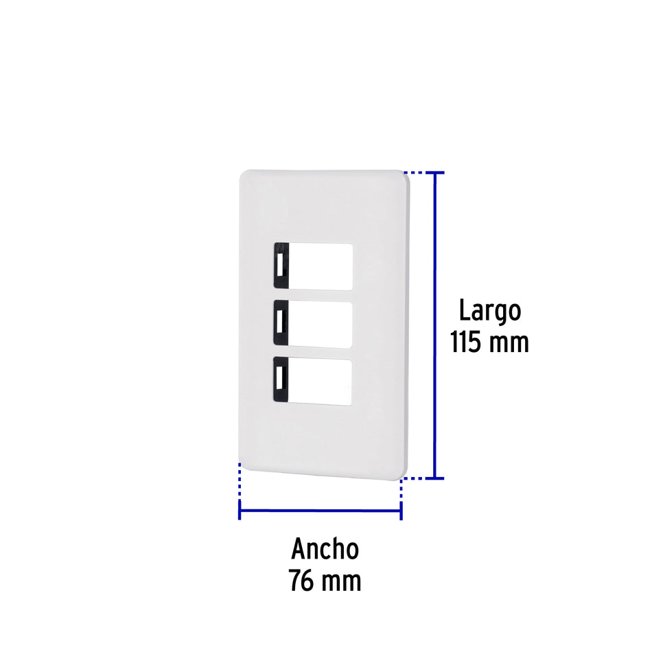 Placa 3 módulos de ABS, blanca, Volteck Basic Caja con 12, 27224
