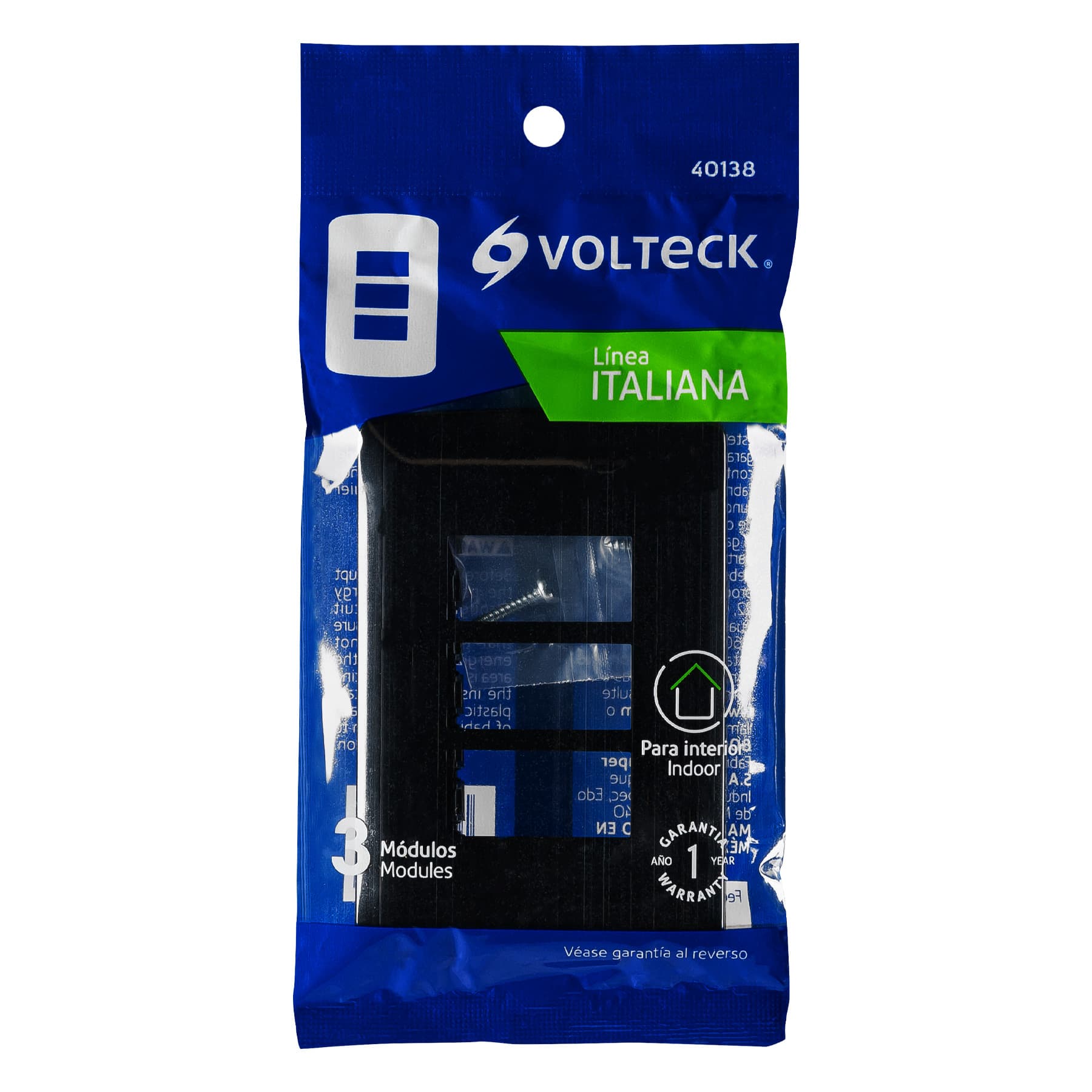 Placa 3 modulos, Italiana, color negro, Volteck, 40138