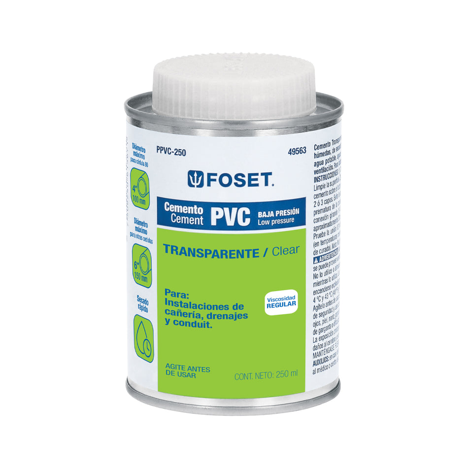 Cemento para PVC en bote de 250 ml, baja presión, Foset Caja con 4, 49563