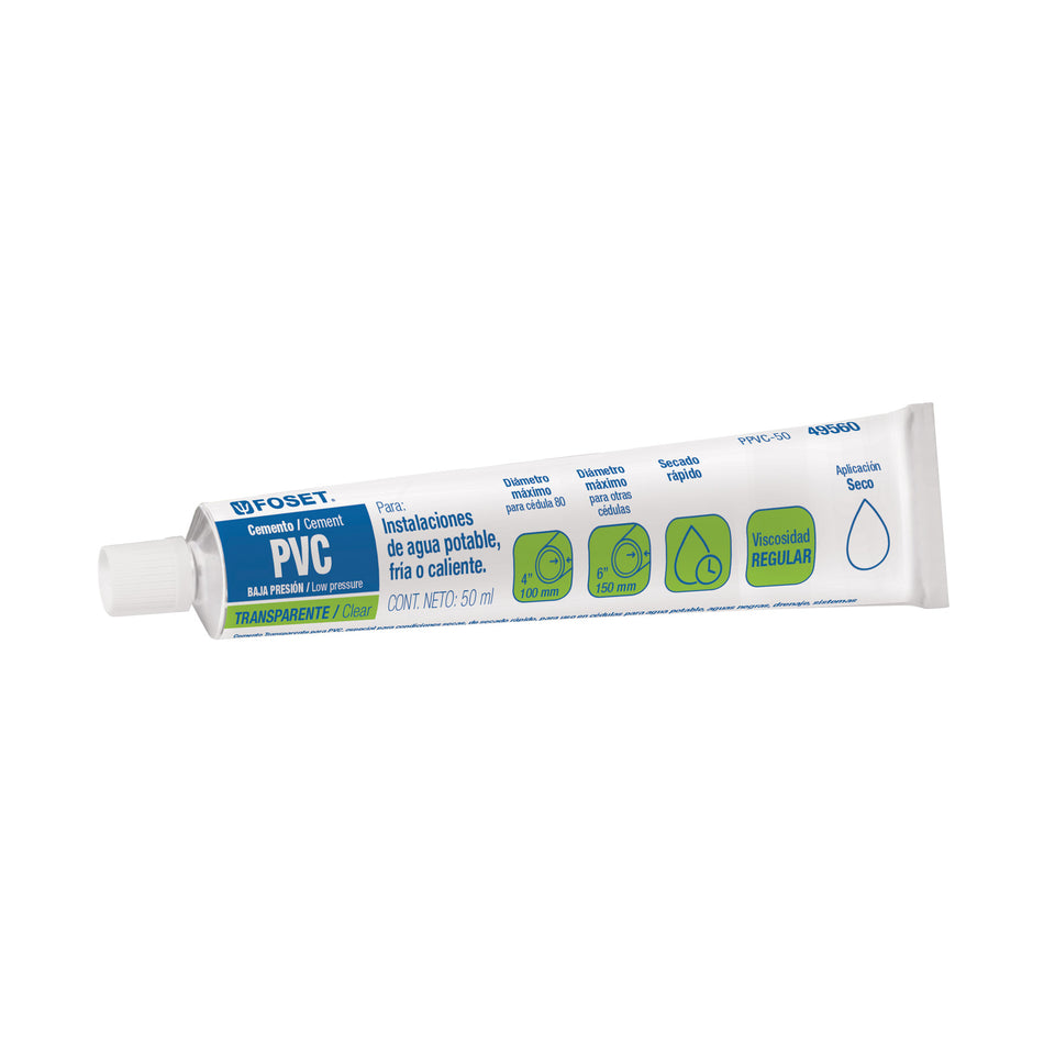 Cemento para PVC en tubo de 50 ml, baja presión, Foset Caja con 12, 49560