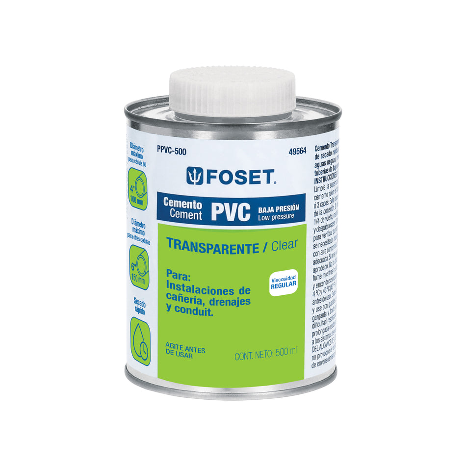 Cemento para PVC en bote de 500 ml, baja presión, Foset Caja con 4, 49564