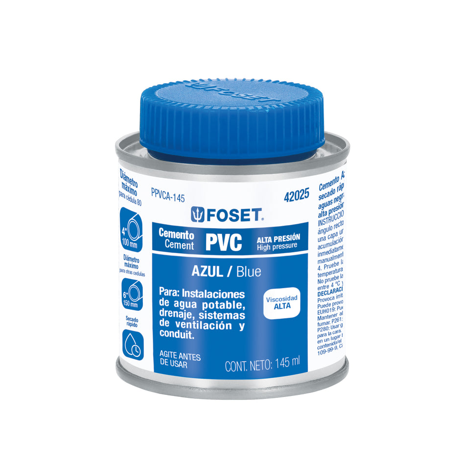 Cemento azul para PVC en bote de 145 ml, alta presión, Foset Caja con 8, 42025