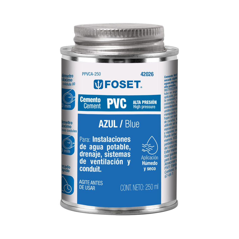 Cemento azul para PVC en bote de 250 ml, alta presión, Foset Caja con 4, 42026