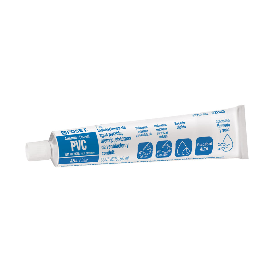 Cemento azul para PVC en tubo de 50 ml, alta presión, Foset Caja con 12, 42023
