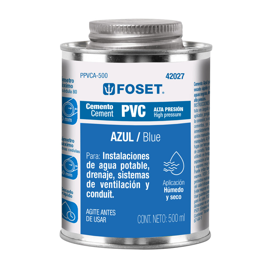 Cemento azul para PVC en bote de 500 ml, alta presión, Foset Caja con 4, 42027