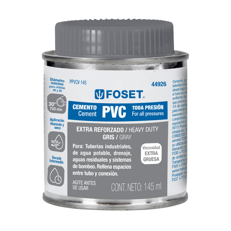 Cemento para PVC en bote de 145 ml, alta viscosidad, Foset Caja con 8, 44926