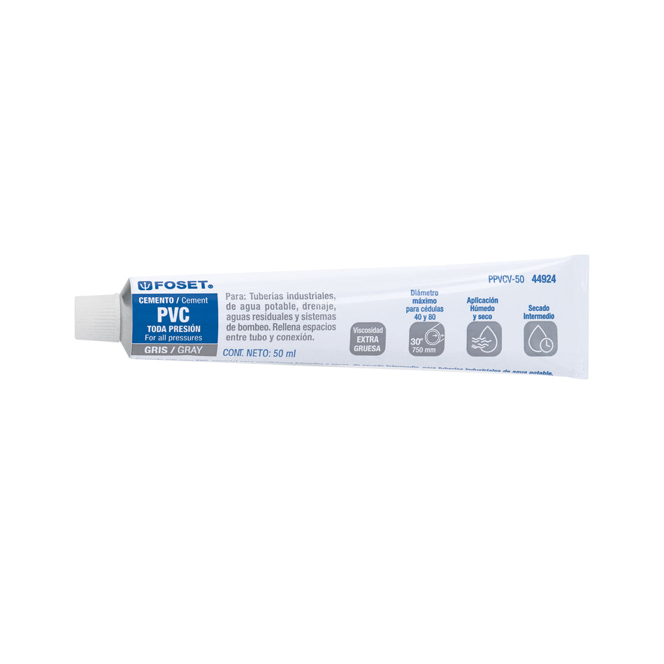 Cemento para PVC en tubo de 50 ml, alta viscosidad, Foset Caja con 12, 44924