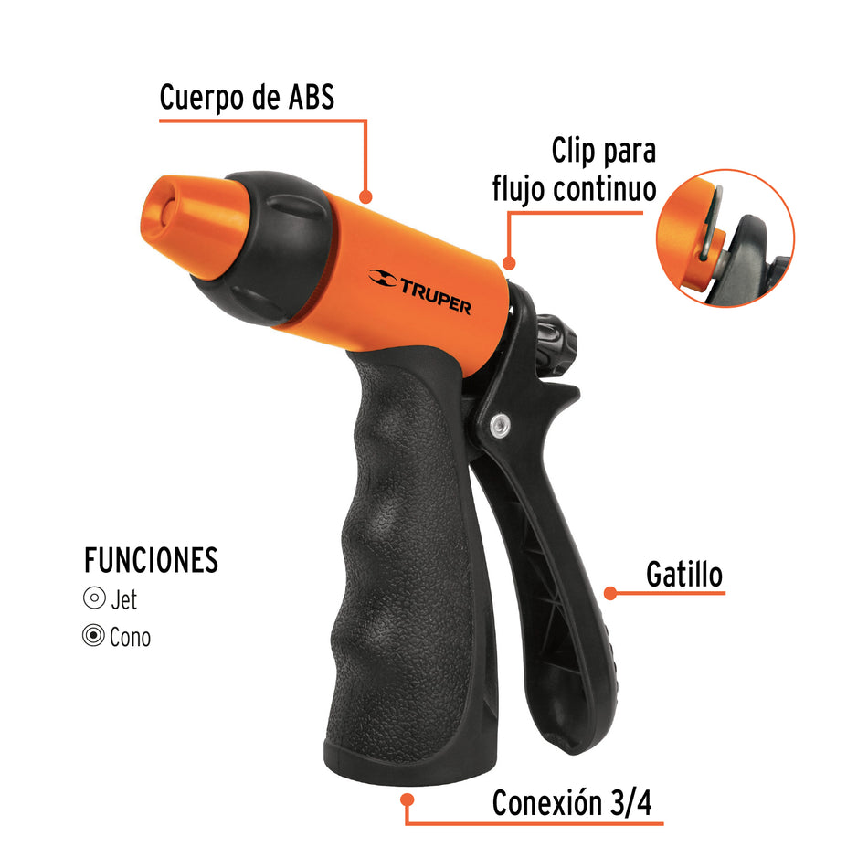 Pistola para riego de 2 funciones plástica con recubrimiento Caja con 6, 18480