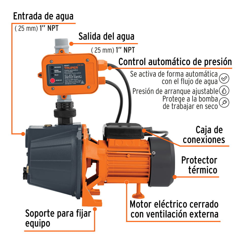 Bomba presurizadora jet hierro 1/2 HP con control, Truper, 102856
