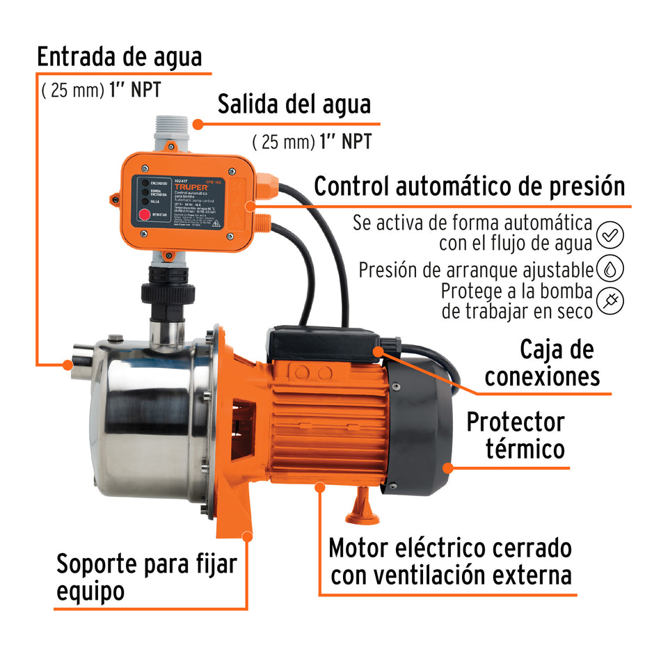 Bomba presurizadora jet acero 1 HP con control, Truper, 102857