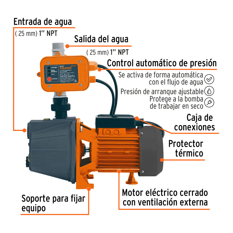 Bomba presurizadora jet hierro 1 HP con control, Truper, 102855