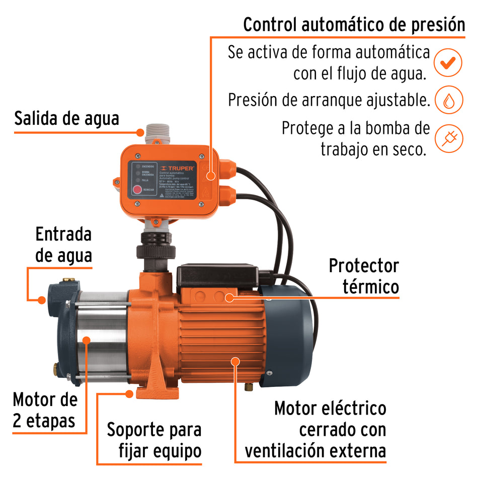 Bomba presurizadora multietapas 1/2 HP con control, Truper, 102384