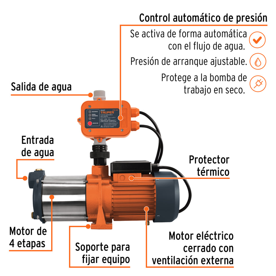 Bomba presurizadora multietapas 1 1/3 HP con control, Truper, 102387
