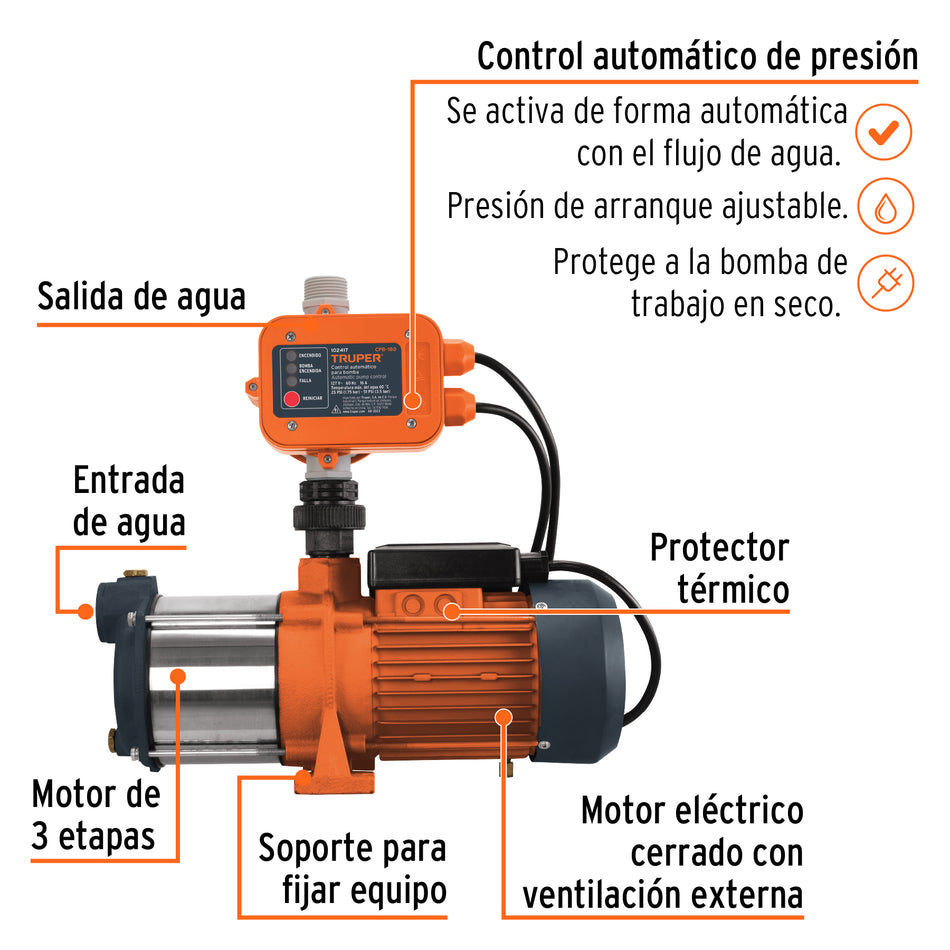 Bomba presurizadora multietapas 1 HP con control, Truper, 102386
